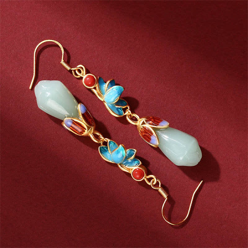 Nimara Ritual Magnolia Flower Jade Pattern Luck Prosperity Drop Dangle Earrings