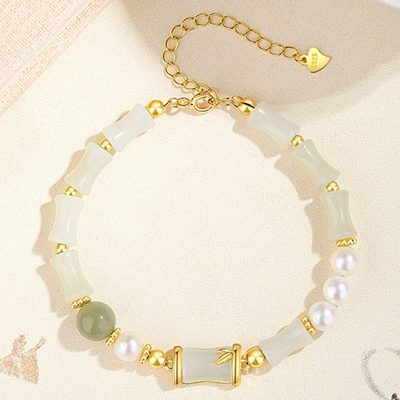 Nimara Ritual 925 Sterling Silver Natural Hetian White Jade Bamboo Luck Blessing Bracelet
