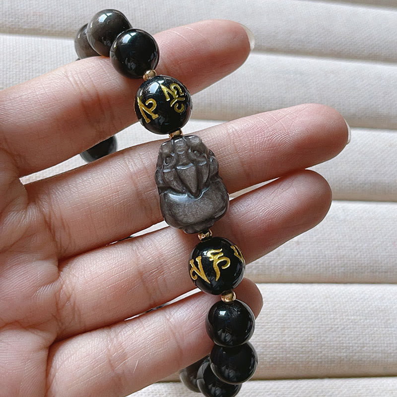 Nimara Ritual Natural Silver Sheen Obsidian Black Obsidian Om Mani Padme Hum Pixiu Protection Bracelet