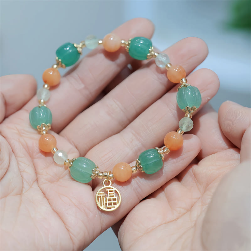 Nimara Ritual Natural Golden Silk Jade Pumpkin Bead Fu Character Charm Wealth Bracelet
