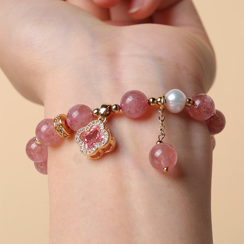 Nimara Ritual Strawberry Quartz Pearl Four Leaf Clover Charm Healing Bracelet