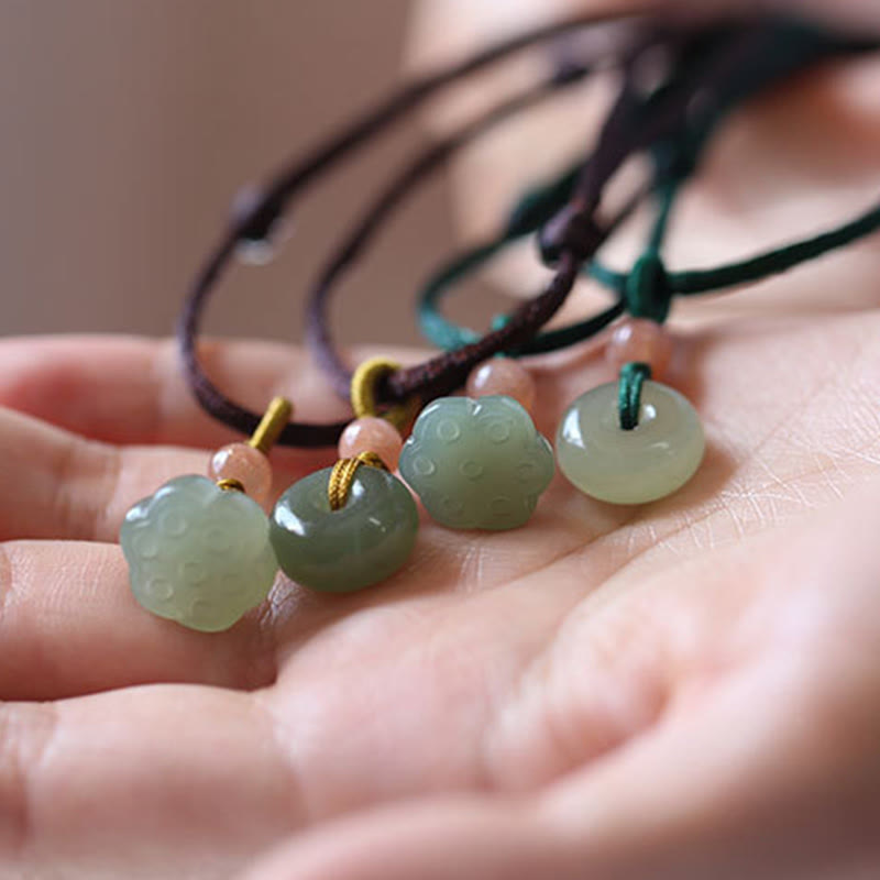Nimara Ritual Natural Round Jade Peace Buckle Lotus Abundance String Necklace Pendant