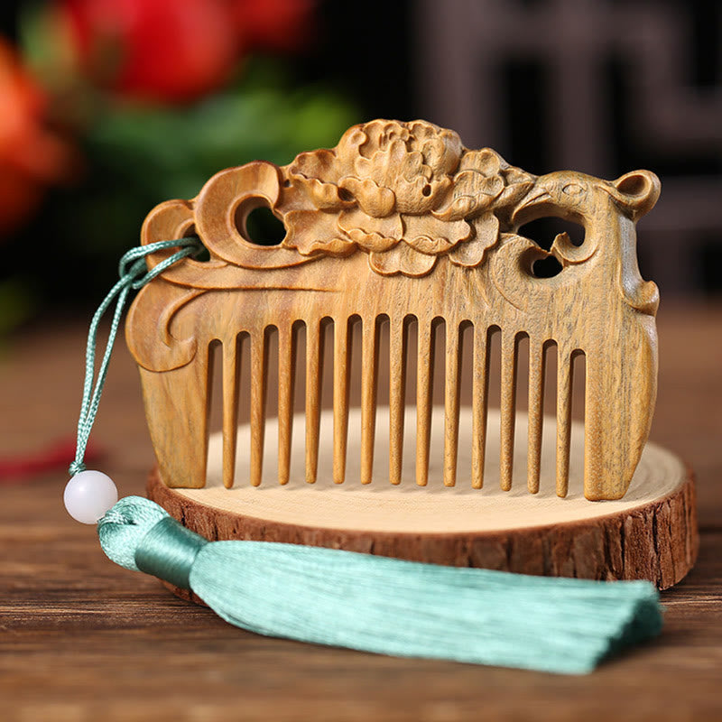Nimara Ritual Green Sandalwood Fox Peony Flower Lotus Engraved Cure Tassel Comb