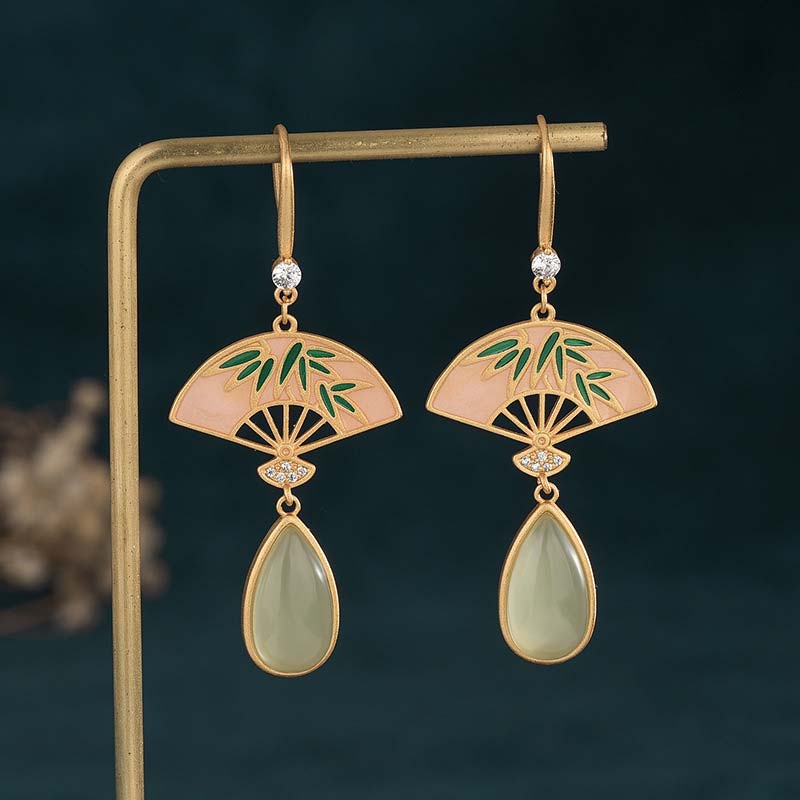 Nimara Ritual Natural Green Aventurine Fan Pattern Luck Drop Earrings