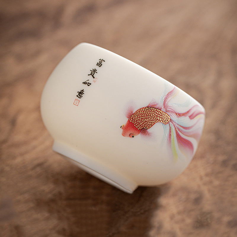 Nimara Ritual Koi Fish White Porcelain Ceramic Teacup Kung Fu Tea Cup