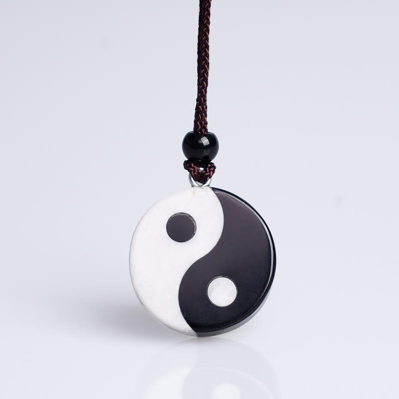 Nimara Ritual Natural Black Obsidian White Turquoise Yin Yang Fulfilment Strength Necklace Pendant