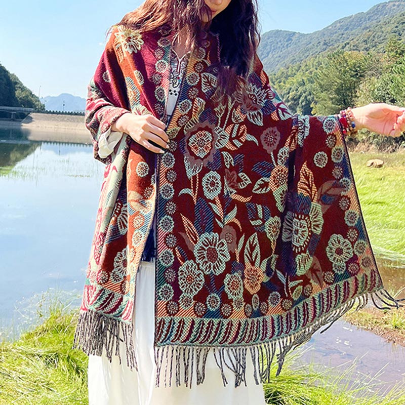 Nimara Ritual Tibetan Flower Floral Leaves Pattern Design Shawl Cozy Travel Scarf Wrap
