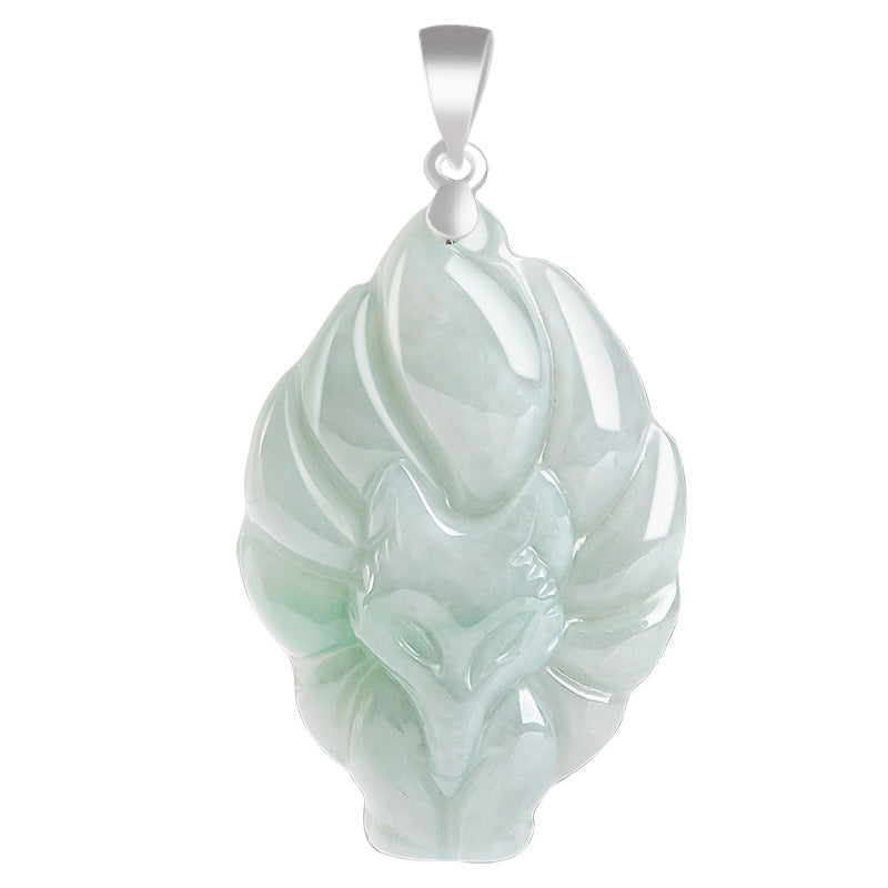 Nimara Ritual Natural Jade Nine Tailed Fox Prosperity Titanium Steel Chain Necklace Pendant