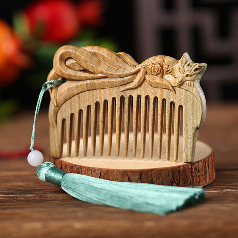 Nimara Ritual Green Sandalwood Fox Peony Flower Lotus Engraved Cure Tassel Comb