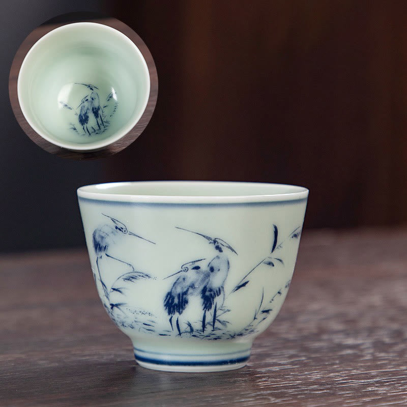 Nimara Ritual Blue Landscape Mountains Lotus Cute Cat Pavilions Magnolia Reed Egrets Ceramic Teacup Small Kung Fu Tea Cup
