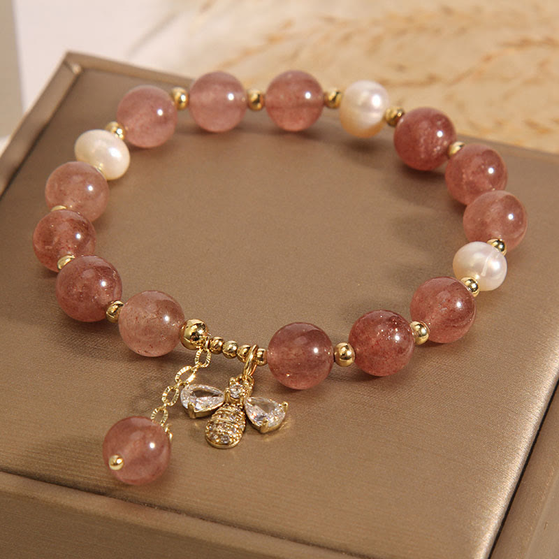 Nimara Ritual Strawberry Quartz Pearl Cute Zircon Honeybee Positive Charm Bracelet