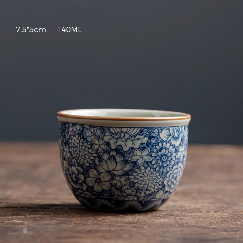 Nimara Ritual Blue Lotus Peach Blossom Chrysanthemum Design Ceramic Teacup Kung Fu Tea Cups