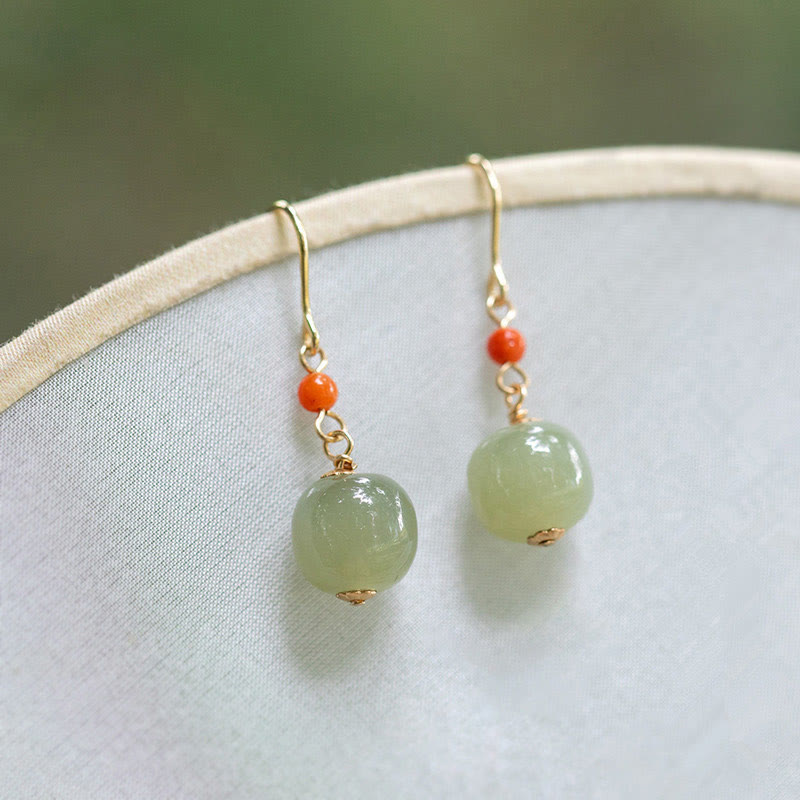 Nimara Ritual 925 Sterling Silver Plated 14k Gold Hetian Jade Red Agate Luck Drop Dangle Earrings