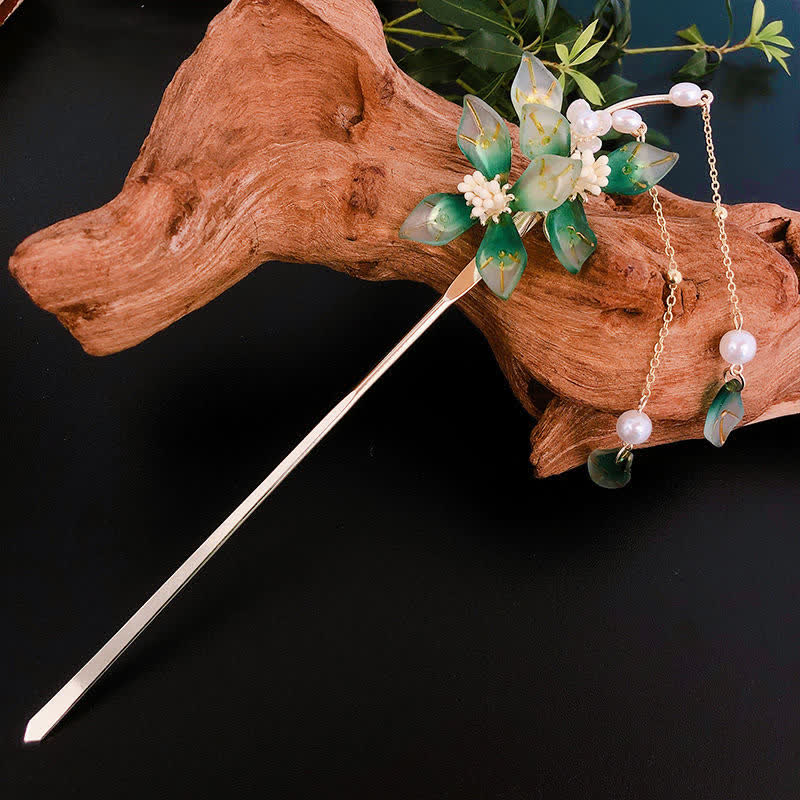 Nimara Ritual Flower Leaf Pearl Peace Tassel Hairpin