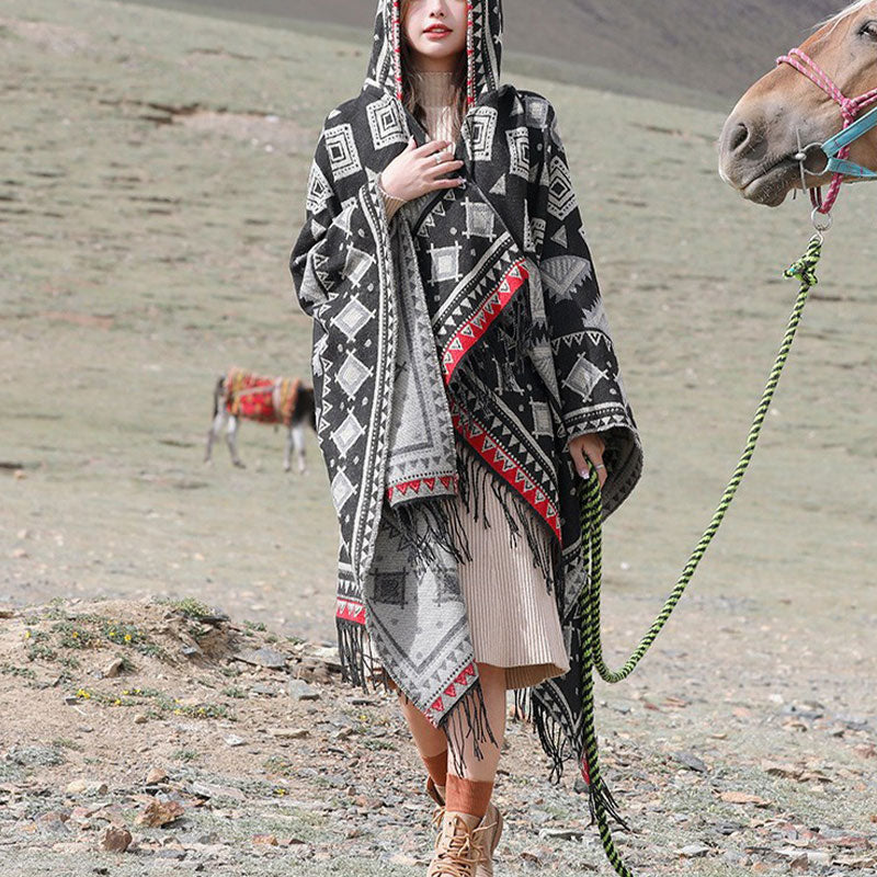 Nimara Ritual Tibetan Shawl Triangle Pattern Hooded Cloak Winter Cozy Travel Scarf Wrap