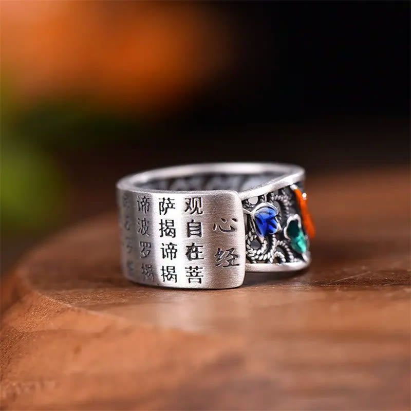 Nimara Ritual Copper Blue Enamel Lotus Heart Sutra Koi Fish Luck Ring