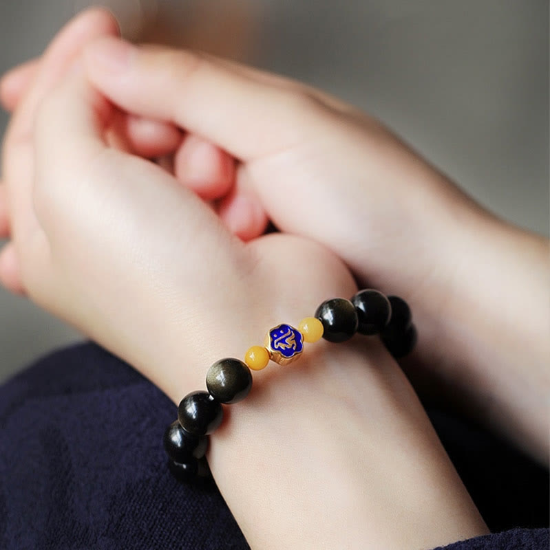 Nimara Ritual 925 Sterling Silver Chinese Zodiac Natal Buddha Natural Gold Sheen Obsidian Amber Wealth Protection Bracelet