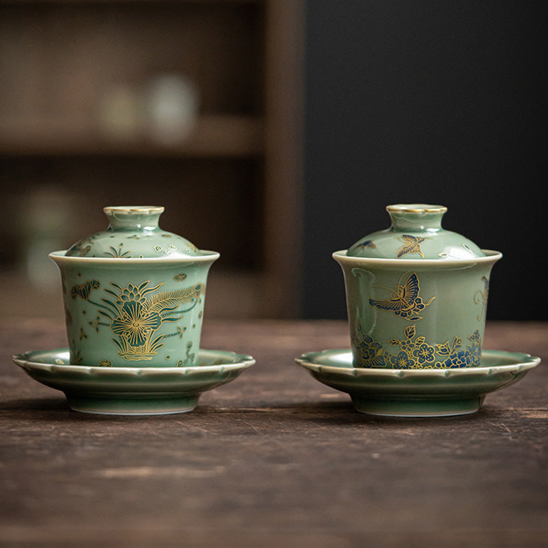 Nimara Ritual Green Porcelain Butterfly Flower Salmon Fish Ceramic Gaiwan Sancai Teacup Kung Fu Tea Cup And Saucer With Lid