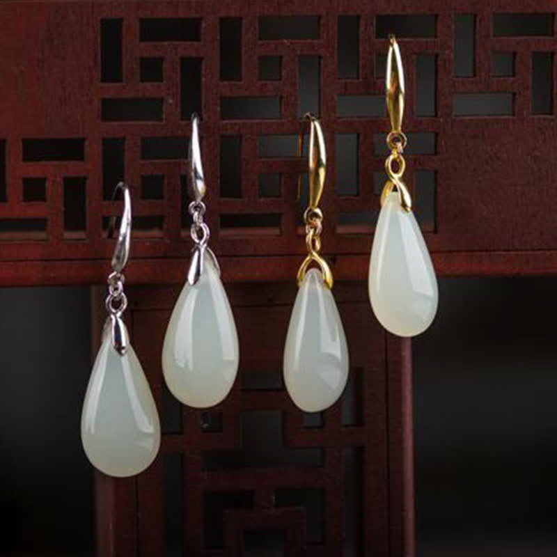 Nimara Ritual Hetian White Jade Water Drop Luck Blessing Dangle Earrings