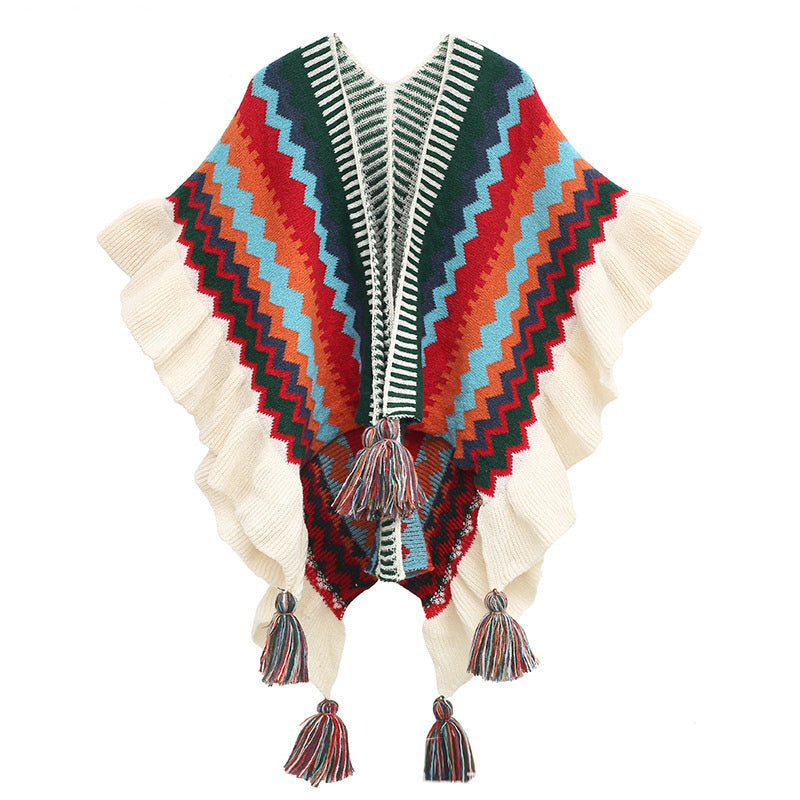 Nimara Ritual Tibetan Shawl Colorful Striped Wavy Line Tassels Winter Cozy Travel Scarf Wrap