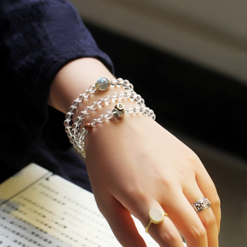 Nimara Ritual 925 Sterling Silver Chinese Zodiac Natal Buddha White Crystal Meditation Triple Wrap Bracelet