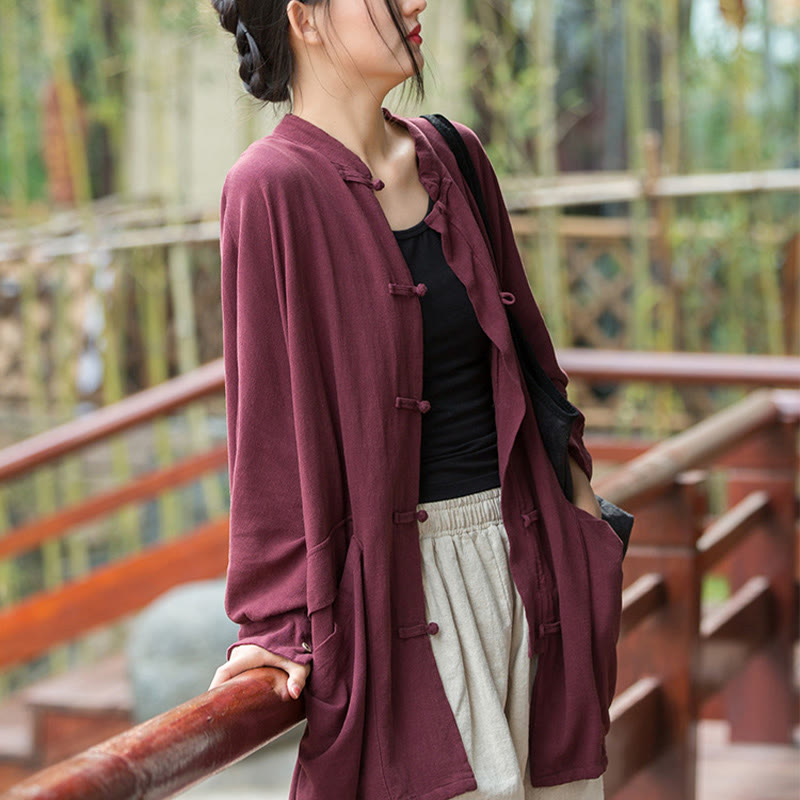 Nimara Ritual Frog-Button Long Sleeve Zen Meditation Open Front Jacket With Pockets