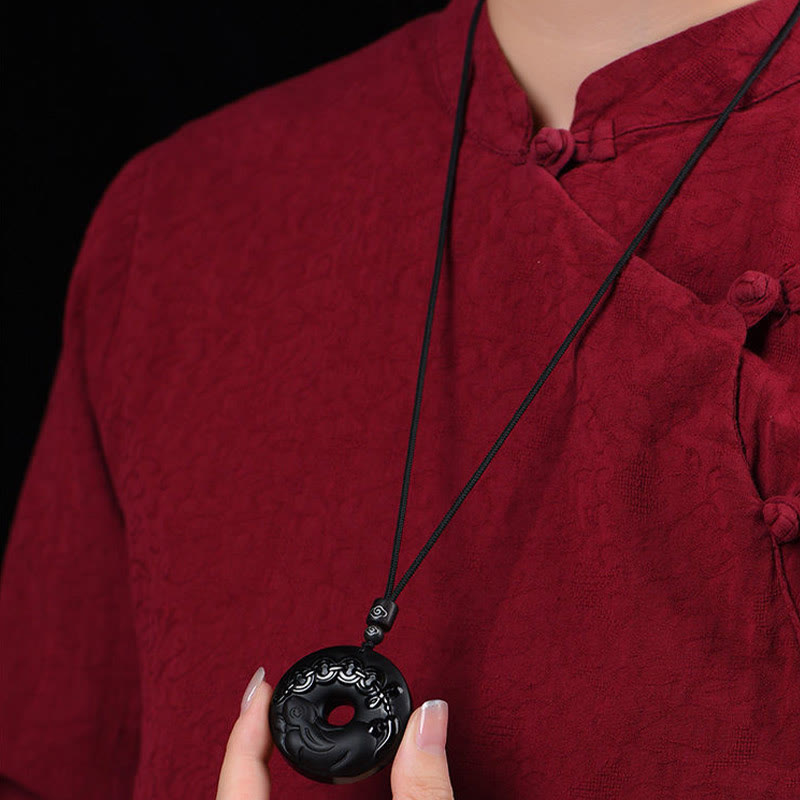 Nimara Ritual Chinese Zodiac Natural Black Obsidian Peace Buckle Strength Necklace Pendant