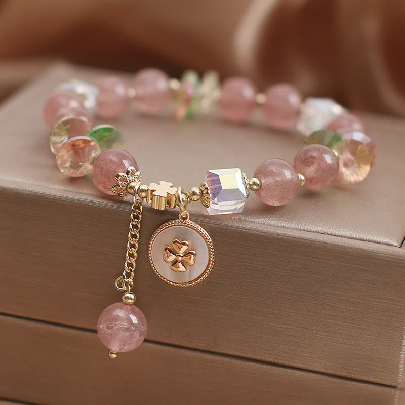 Nimara Ritual Strawberry Quartz Lucky Four Leaf Clover Healing Charm Bracelet