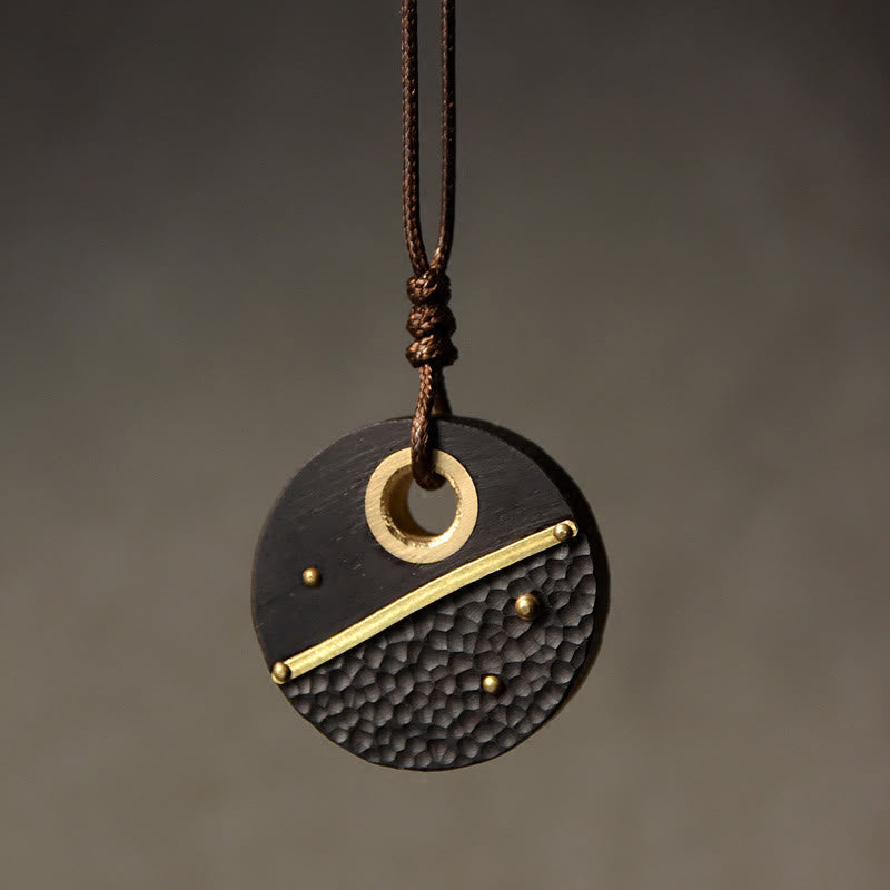 Nimara Ritual Handcrafted Round Ebony Wood Brass Copper Peace Necklace Pendant