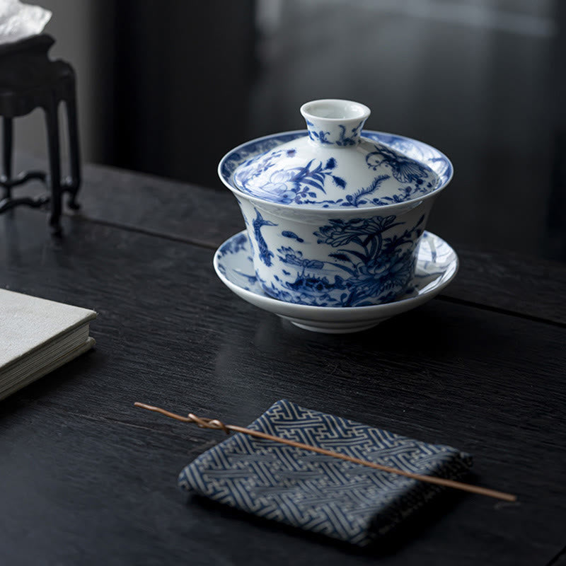 Nimara Ritual Blue And White Porcelain Lotus Koi Fish Lion Dance Watermelon Ceramic Gaiwan Sancai Teacup Kung Fu Tea Cup And Saucer With Lid 300ml