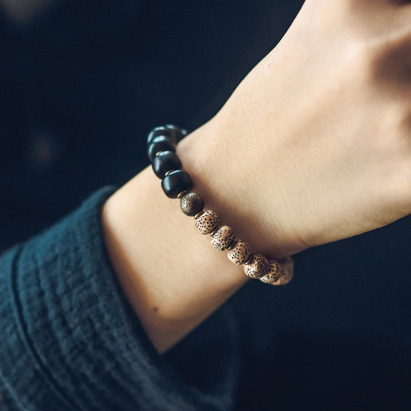 Nimara Ritual Tibetan Bodhi Seed Black Obsidian Ebony Wood Copper Peace Bracelet