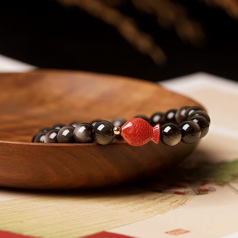 Nimara Ritual Natural Silver Sheen Obsidian Cinnabar Koi Fish Soothing Protection Bracelet