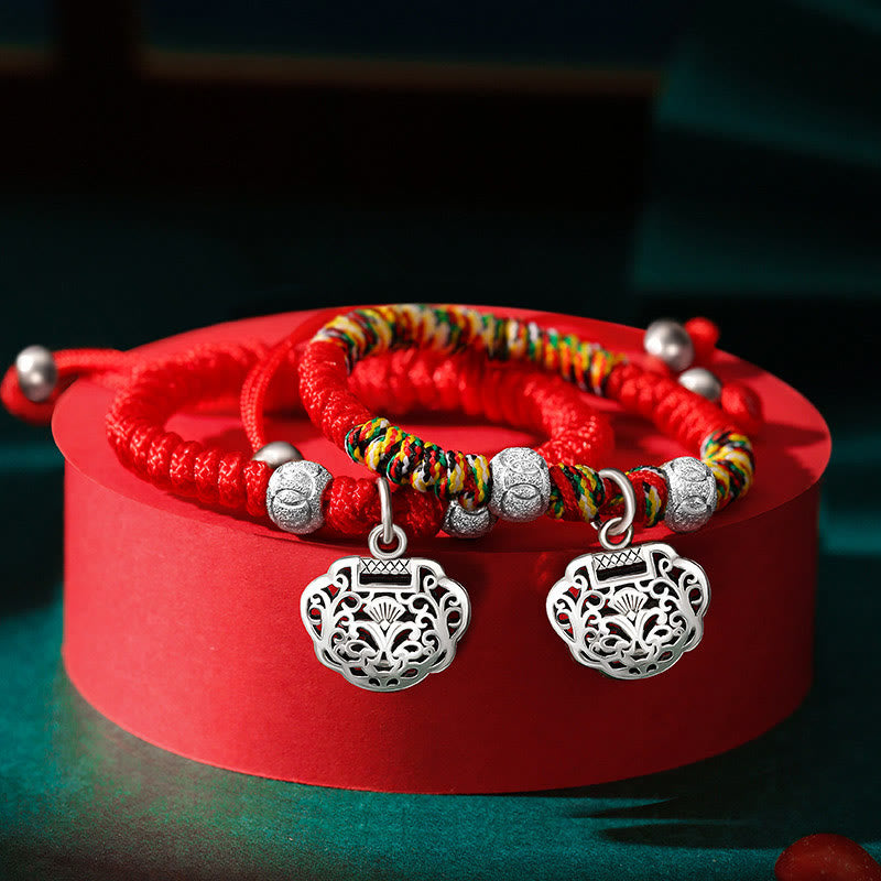 Nimara Ritual 925 Sterling Silver Chinese Lock Charm Multicolored Red String Protection Handmade Braided Kids Bracelet