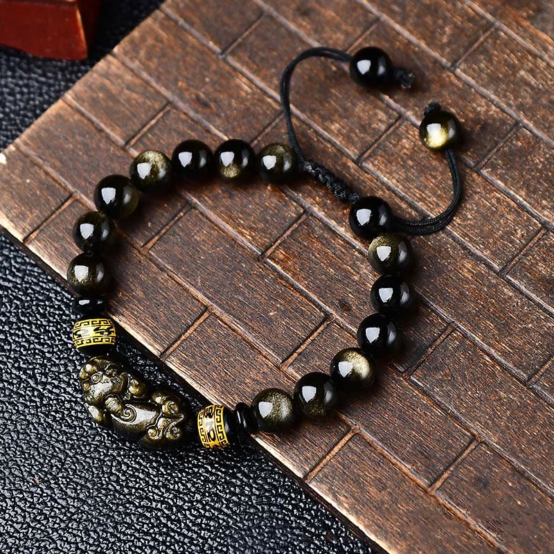 Nimara Ritual Natural Gold Sheen Obsidian PiXiu Om Mani Padme Hum Wealth Braided Bracelet