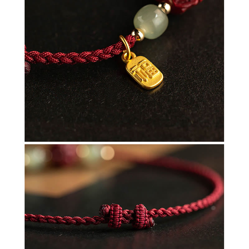 Nimara Ritual Natural Cinnabar Chinese Zodiac Hetian Jade Fu Character Luck Rope Bracelet