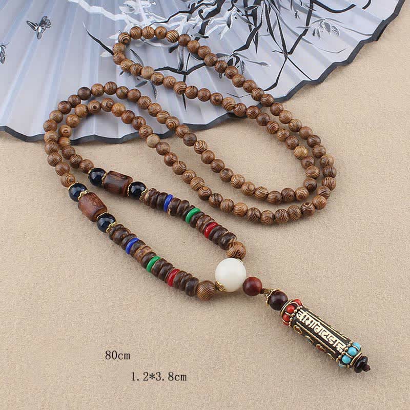Nimara Ritual Tibetan Om Mani Padme Hum Dzi Bead Wenge Wood Necklace Pendant