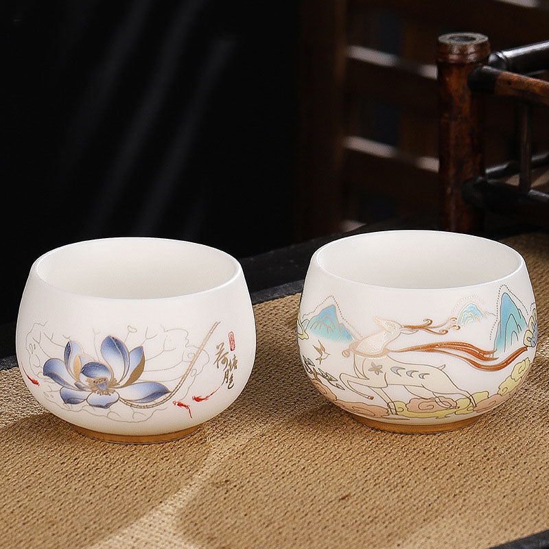 Nimara Ritual Dragon Cicada Bamboo Deer Crane Lotus Plum Flower Ceramic Teacup Kung Fu Tea Cup Bowl 185ml