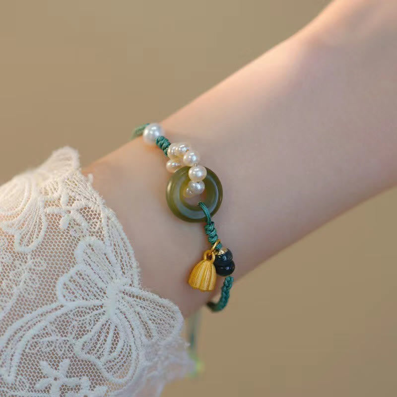 Nimara Ritual Natural Hetian Jade Peace Buckle Pearl Luck Handcrafted Braided Bracelet