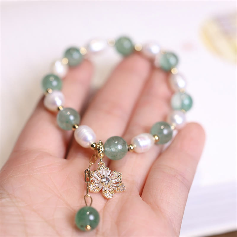 Nimara Ritual Natural Green Strawberry Quartz Pearl Flower Charm Love Bracelet