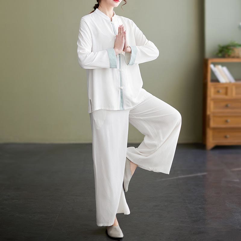 Nimara Ritual 2Pcs Tang Suit Long Sleeve Shirt Top Pants Meditation Zen Tai Chi Cotton Linen Clothing Women's Set