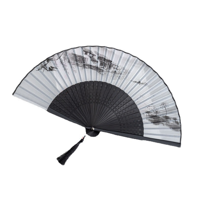 Nimara Ritual Mountains Plum Blossom Lotus Magpie Bamboo Leaves Handheld Silk Bamboo Folding Fan 22.5cm