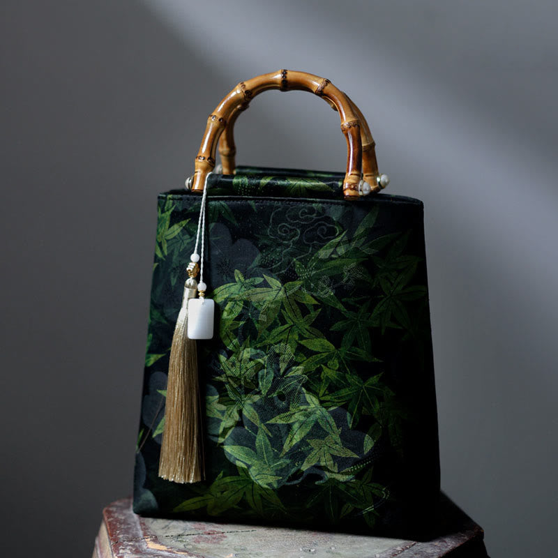 Nimara Ritual Bamboo Leaves Butterfly Koi Fish Bamboo Handles Handbag