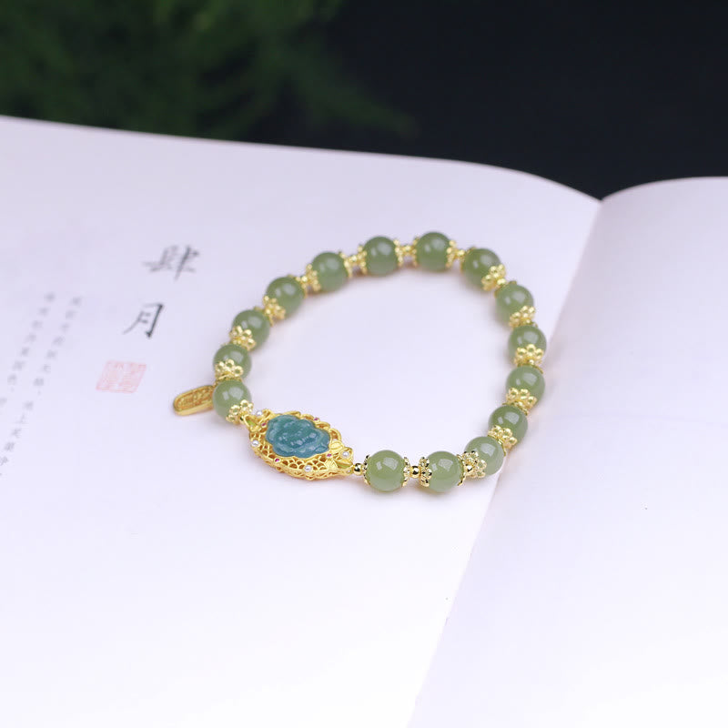 Nimara Ritual 925 Sterling Silver Plated 14K Gold Hetian Jade Lotus Luck Bracelet