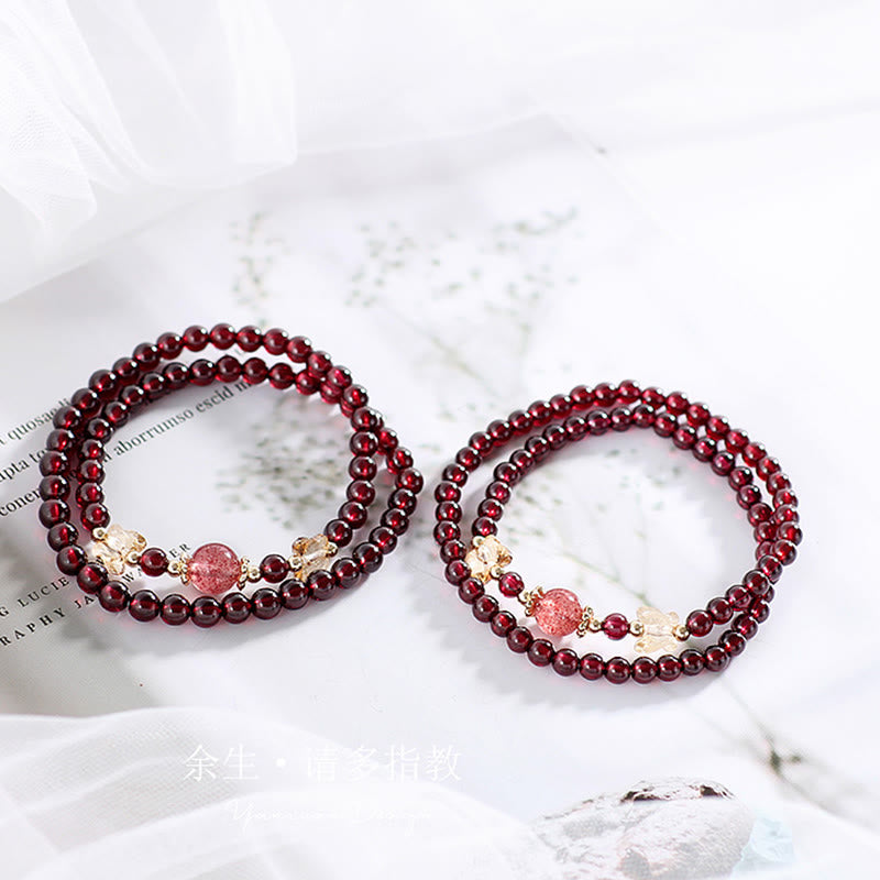 Nimara Ritual 14K Gold Plated Natural Garnet Strawberry Quartz Butterfly Protection Double Wrap Bracelet
