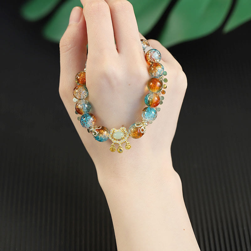 Nimara Ritual Colorful Liuli Glass Bead Chinese Lock Charm Fortune Bracelet