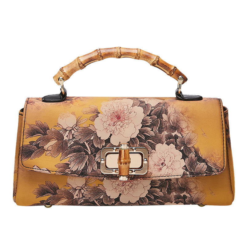 Nimara Ritual Flower Pattern Bamboo Handle Metal Chain Crossbody Bag Handbags