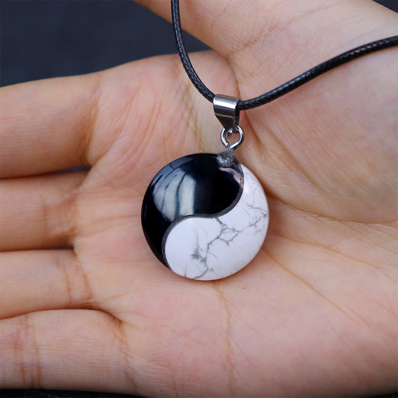 Nimara Ritual Natural Black Obsidian White Turquoise Yin Yang Transformation Rope Necklace Pendant