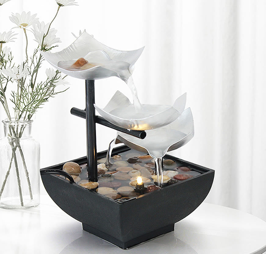 Nimara Ritual Three Layers Waterfall Fountain Tabletop Lotus Ornaments With River Rocks Desktop Decoration