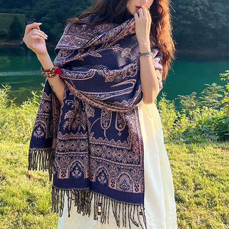 Nimara Ritual Vintage Tibetan Leaves Pattern Design Shawl Cozy Travel Scarf Wrap