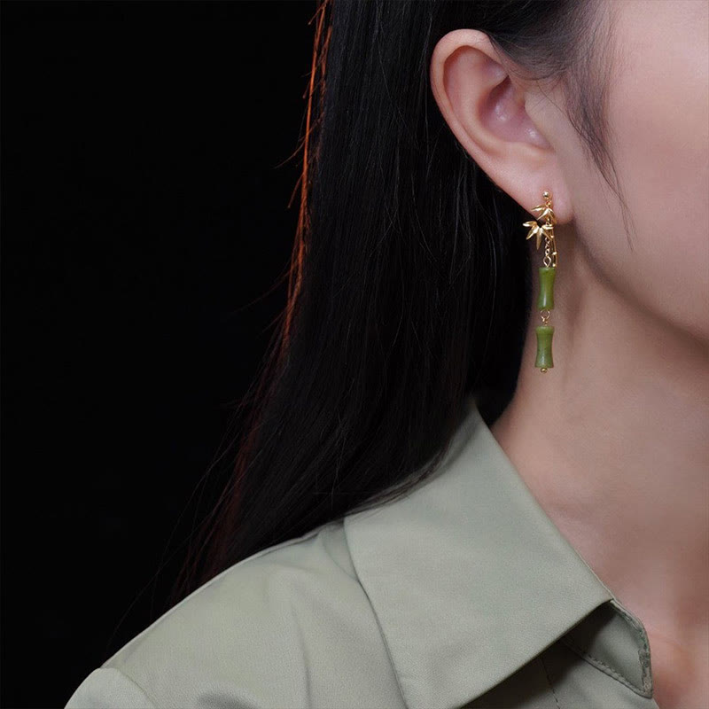 Nimara Ritual 925 Sterling Silver Posts Copper Plated Gold Natural Peridot Bamboo Leaf Drop Earrings